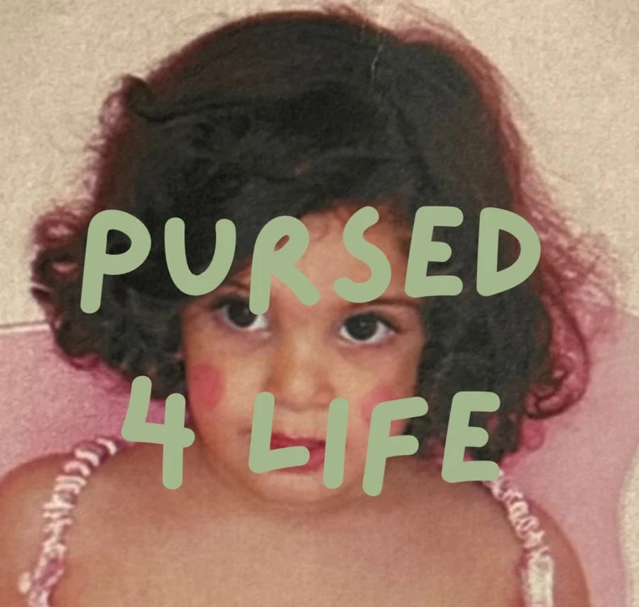 The Pursed 4 Life logo: hand-drawn sage-green lettering over a childhood photograph